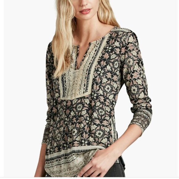Lucky Brand | Woodblock Floral Top in Cowhide (Black/Brown), Boho Size Large - Picture 1 of 12